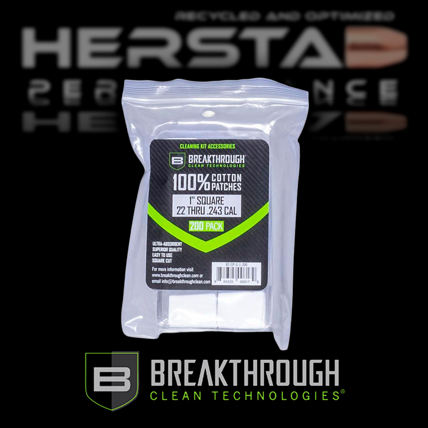 Breakthrough Cotton Patches, 1" Square, .22 Thru 243 Caliber, 200-Pack